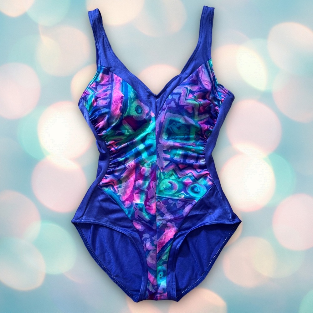 Vintage Maillot Baltex BODY ID Women’s Blue Purple One Piece Swimsuit Size 10